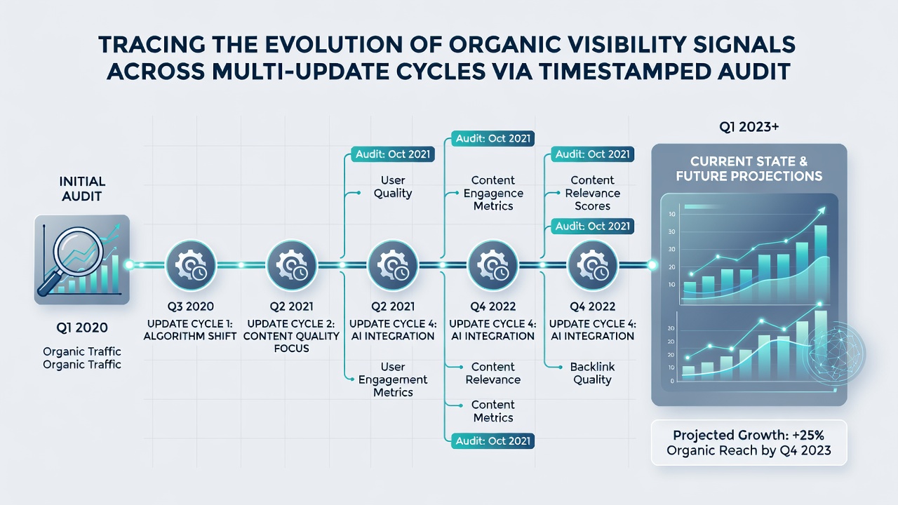 Timeline visualization of audit trail data points aligned with search algorithm updates from 2024 through 2026